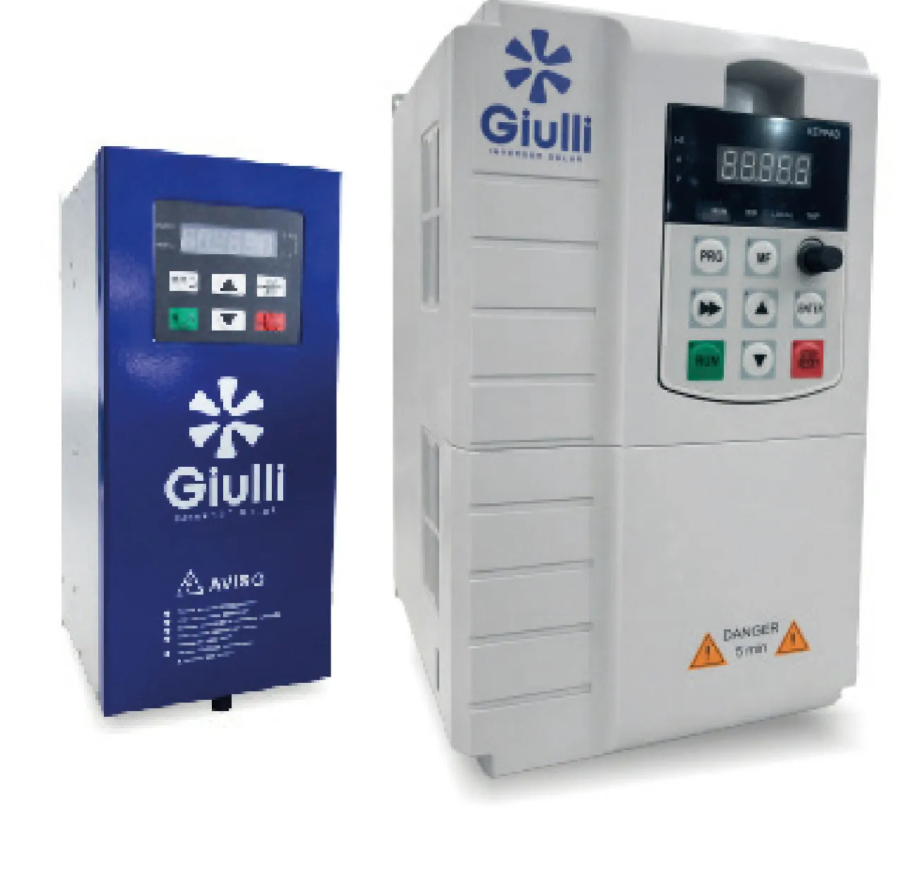 Dois inversores de frequência Giulli, um azul e um branco